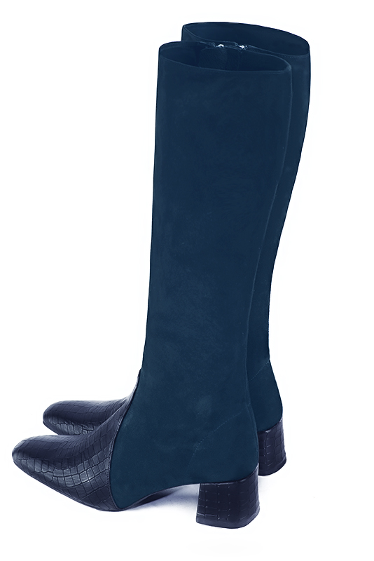 Navy blue women's feminine knee-high boots. Square toe. Medium block heels. Made to measure. Rear view - Florence KOOIJMAN
